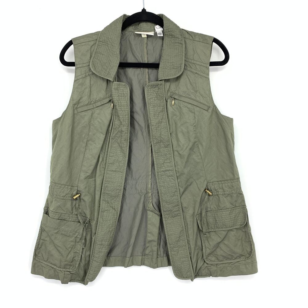Chicos Open Front Vest Womens Size 1 US Medium Olive Green Cinch Waist